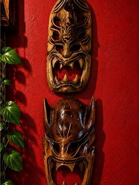Hand-Carved Wooden Tribal Masks  from Gaum Light Brown
